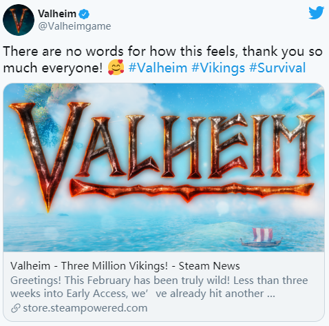 很火爆 开放      生存游戏《Valheim》售出300万份