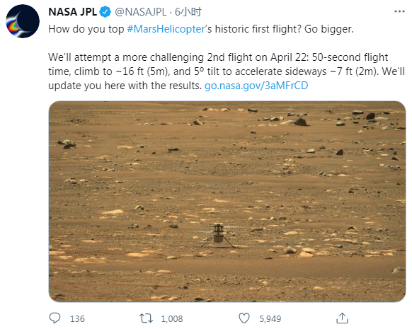 NASA计划于本周四开启火星直升机的第二次飞行测试