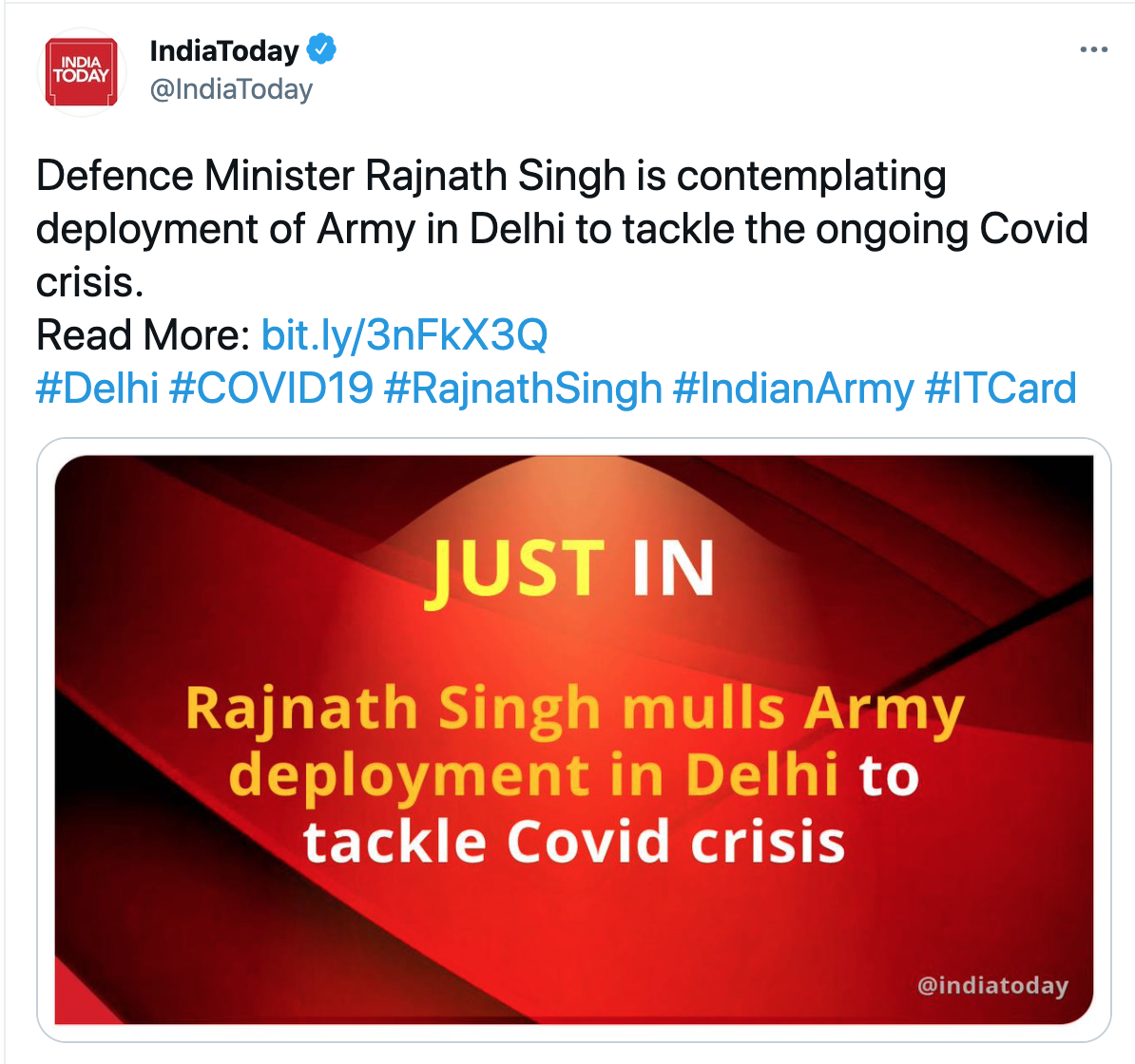 印度国防部长考虑在德里部署军队应对新冠危机