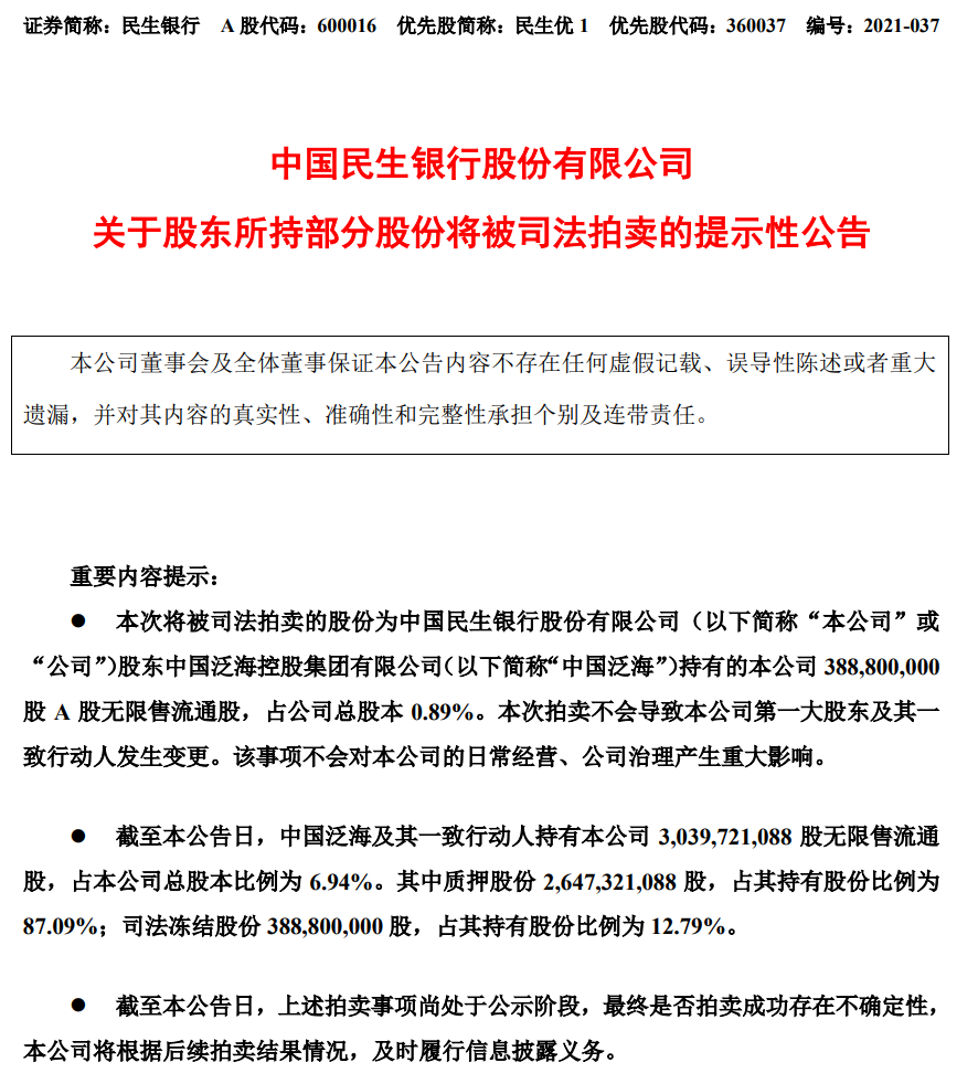 强制执行！民生银行3.9亿股将被拍卖