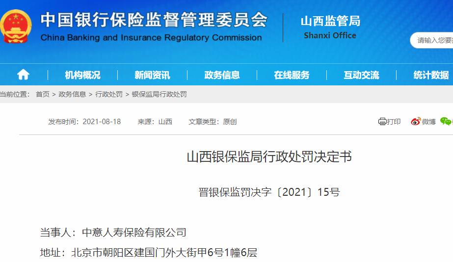 多款产品违规使用条款和费率 中意人寿被罚40万