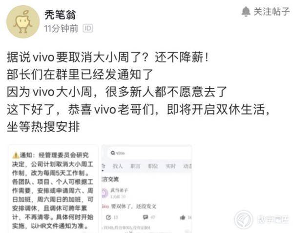 vivo 将取消大小周，不降薪，加班可调休