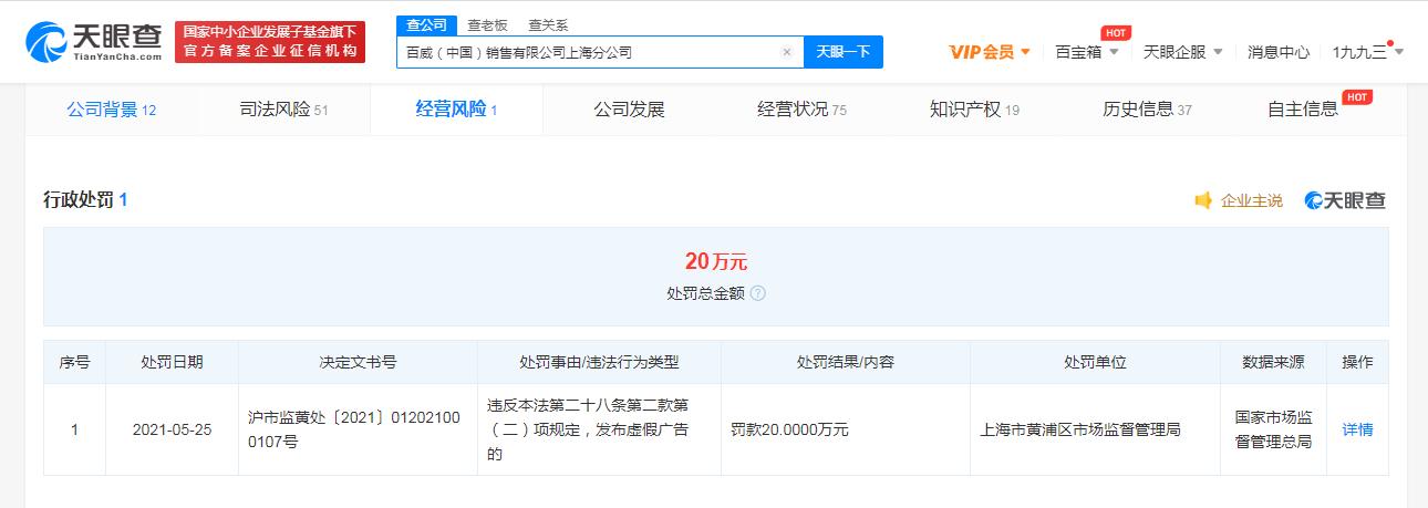 百威分公司因虚假广告被罚20万