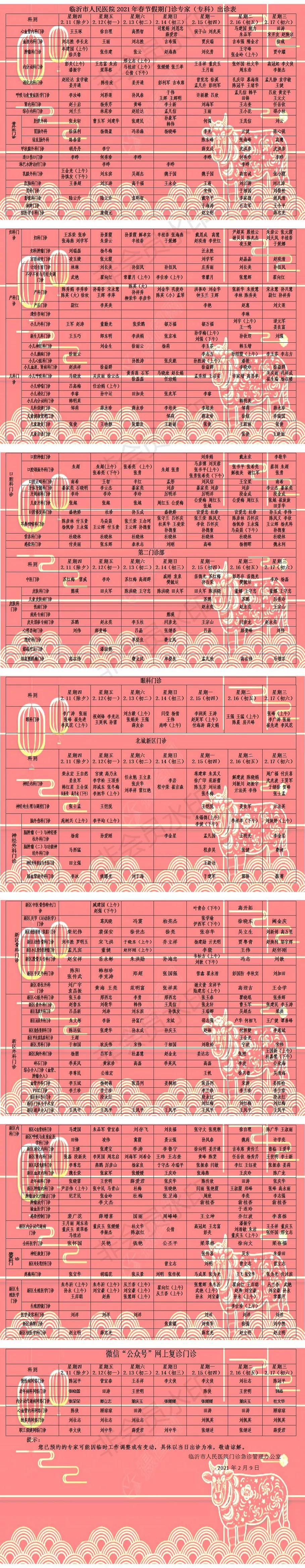 临沂市人民医院2021年春节假期门诊专家（专科）出诊表