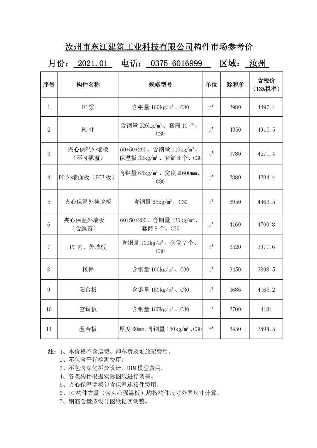 河南省裝配式建筑預制構件市場(chǎng)參考價(jià)（2021年1月）