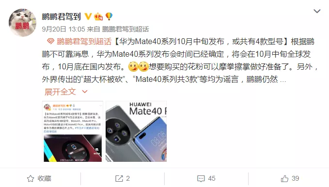 华为 Mate40发布时间确定，共四个版本，外观成最大遗憾