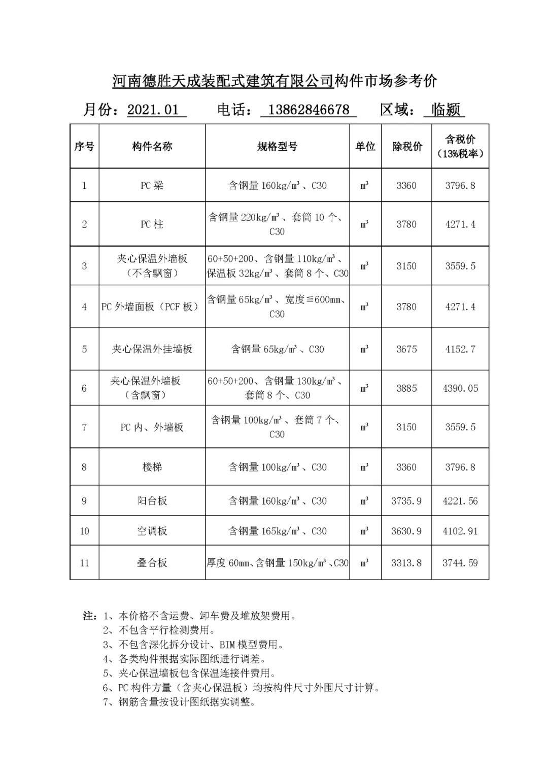 河南省装配式建筑预制构件市场参考价（2021年1月）