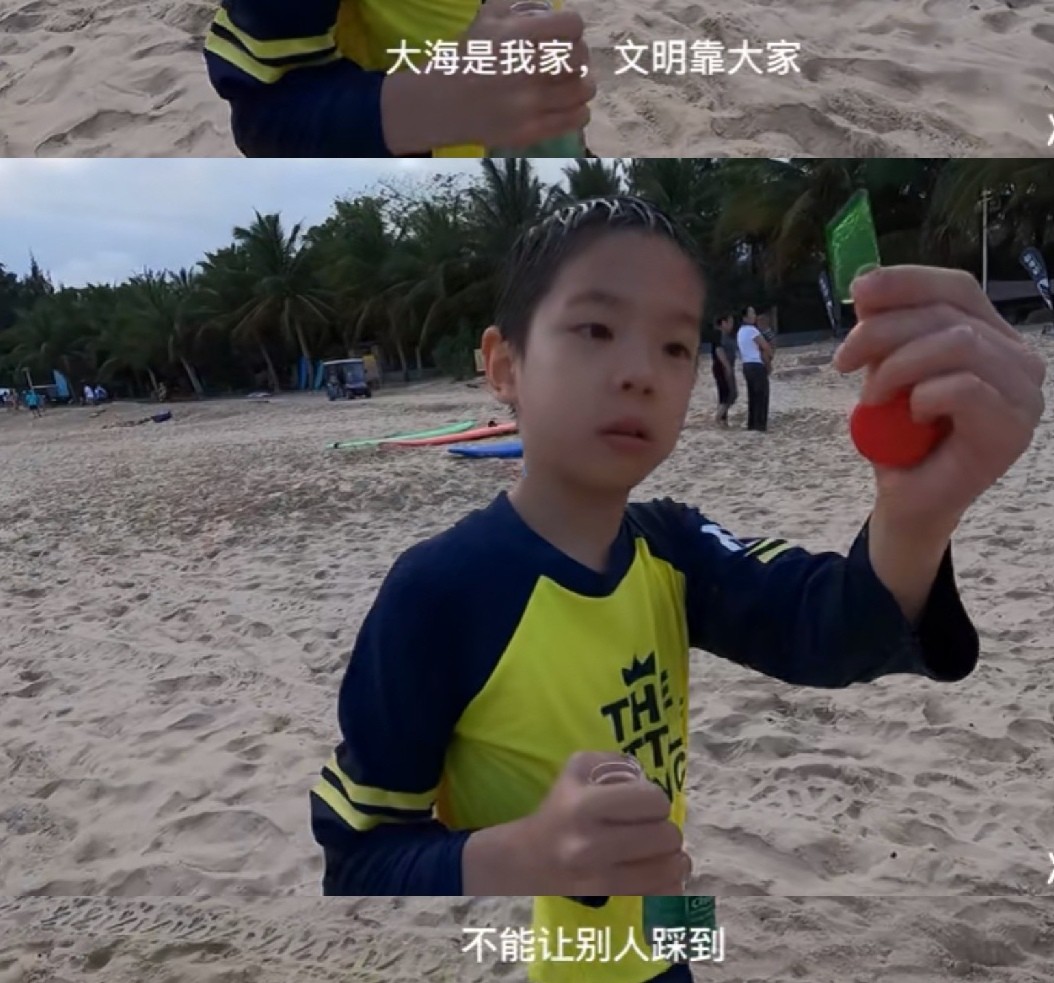 霍思燕兒子衝浪掉海裡太驚險，身高快到杜江肩部，暖心舉動顯素質