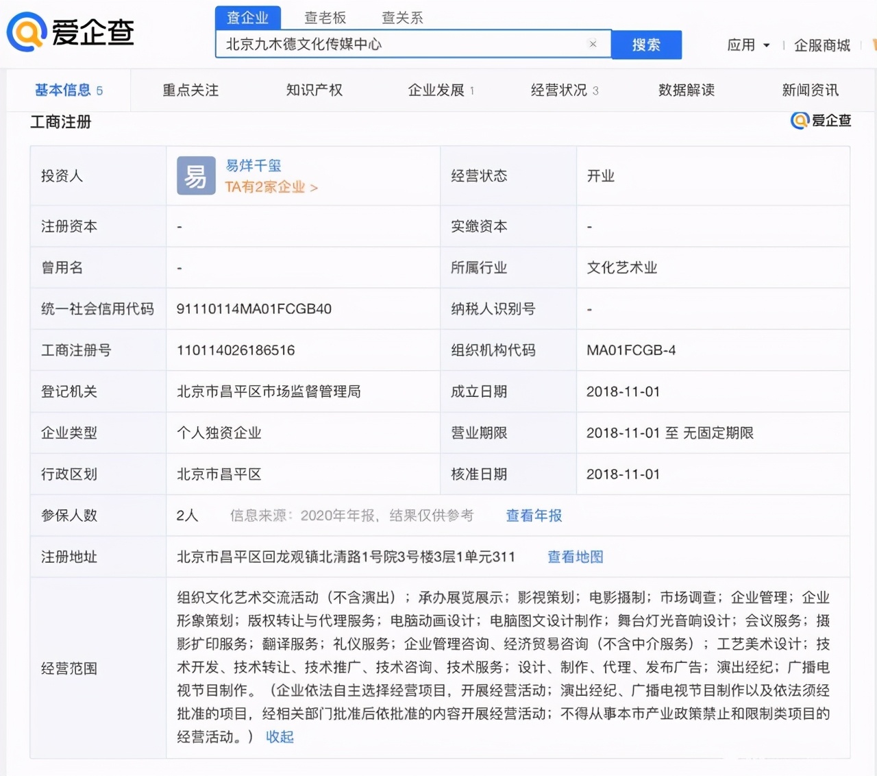 易烊千玺登顶福布斯中国名人榜，爱企查显示：其名下共有2家公司