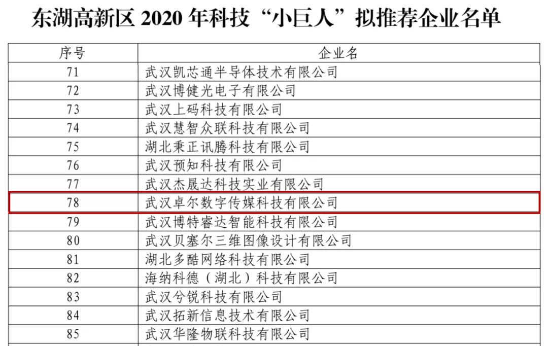 卓爾智聯(lián)旗下卓爾數(shù)科入選東湖高新2020年科技“小巨人”