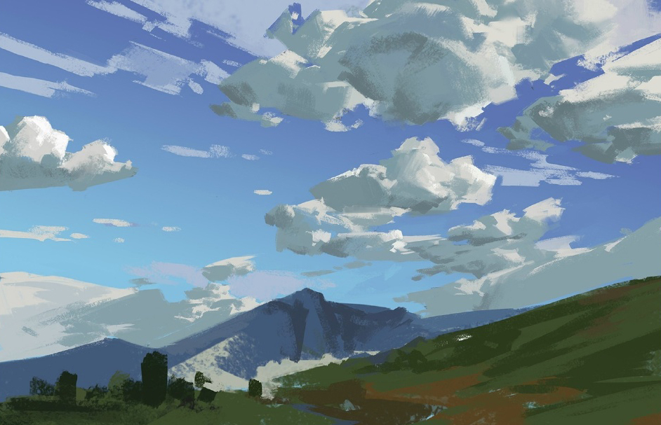 2,第二步继续深入,把主要的几块云层明确清晰的表现出来.