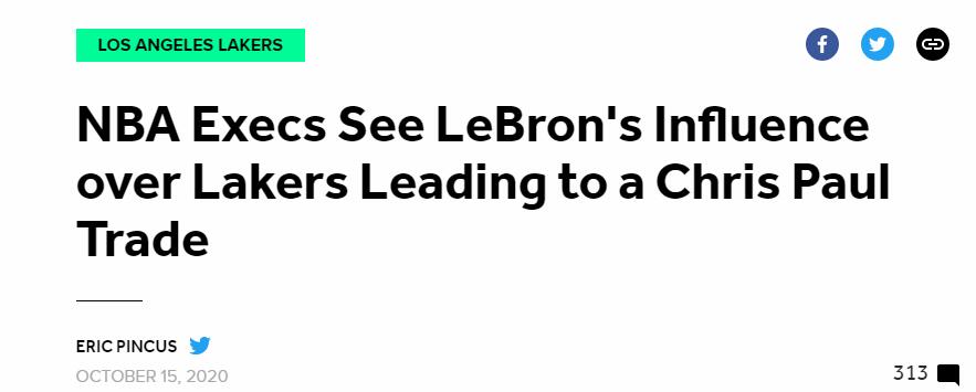 保羅聯手詹皇？聯盟經理看好詹皇推動湖人交易：CP3想回洛城