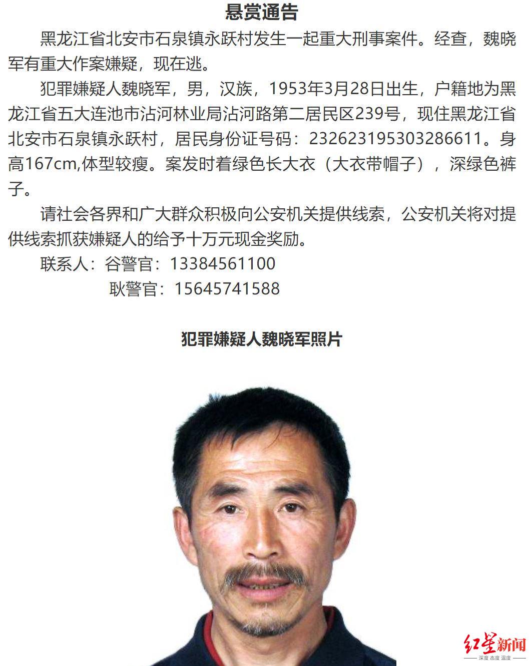 黑龙江68岁男子枪杀7人后在逃 警方悬赏十万通缉