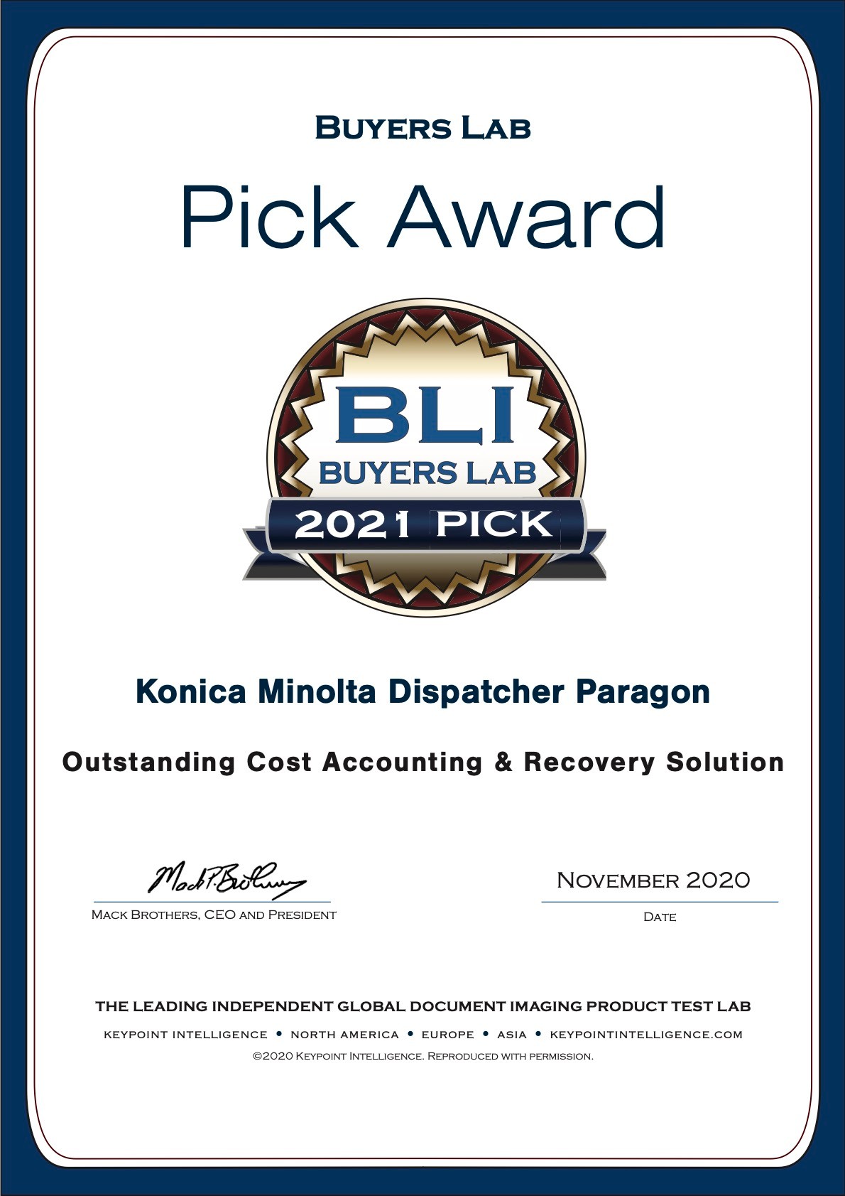 KM获Keypoint Intelligence BLI大奖