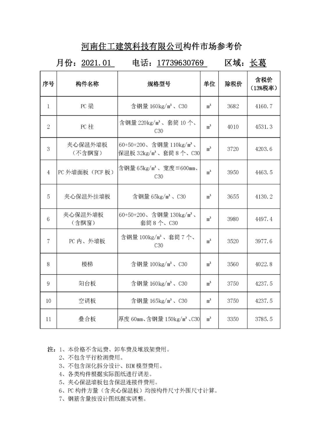 河南省装配式建筑预制构件市场参考价（2021年1月）