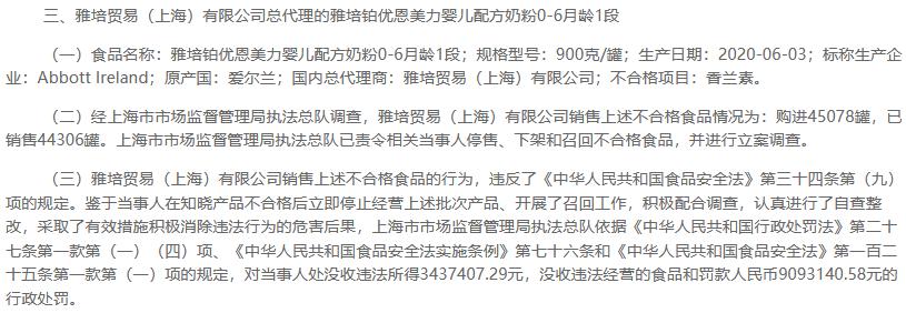 雅培领巨额罚单 0-6月龄1段奶粉中香兰素不合格被罚909万