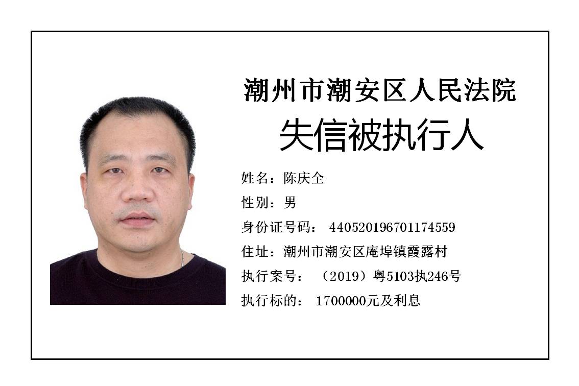 潮州市潮安区人民法院发布2020年第五批失信被执行人公告