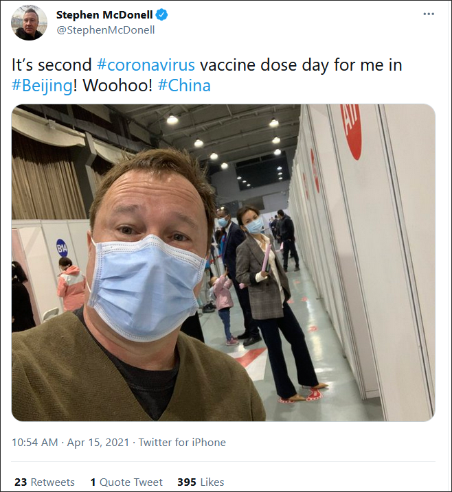 BBC记者在中国接种疫苗后立即出现“副作用”：发帖炫耀