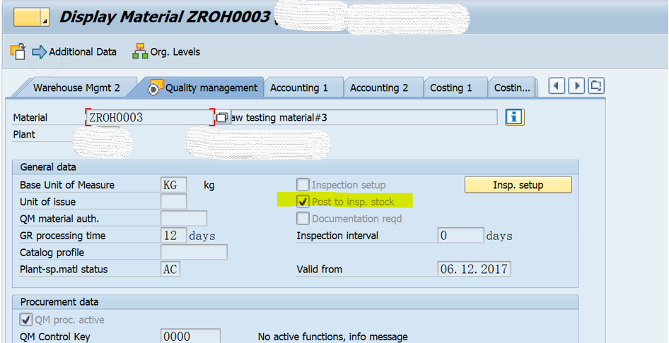 SAP QM 物料主数据QM视图里字段MARC-INSMK的更新
