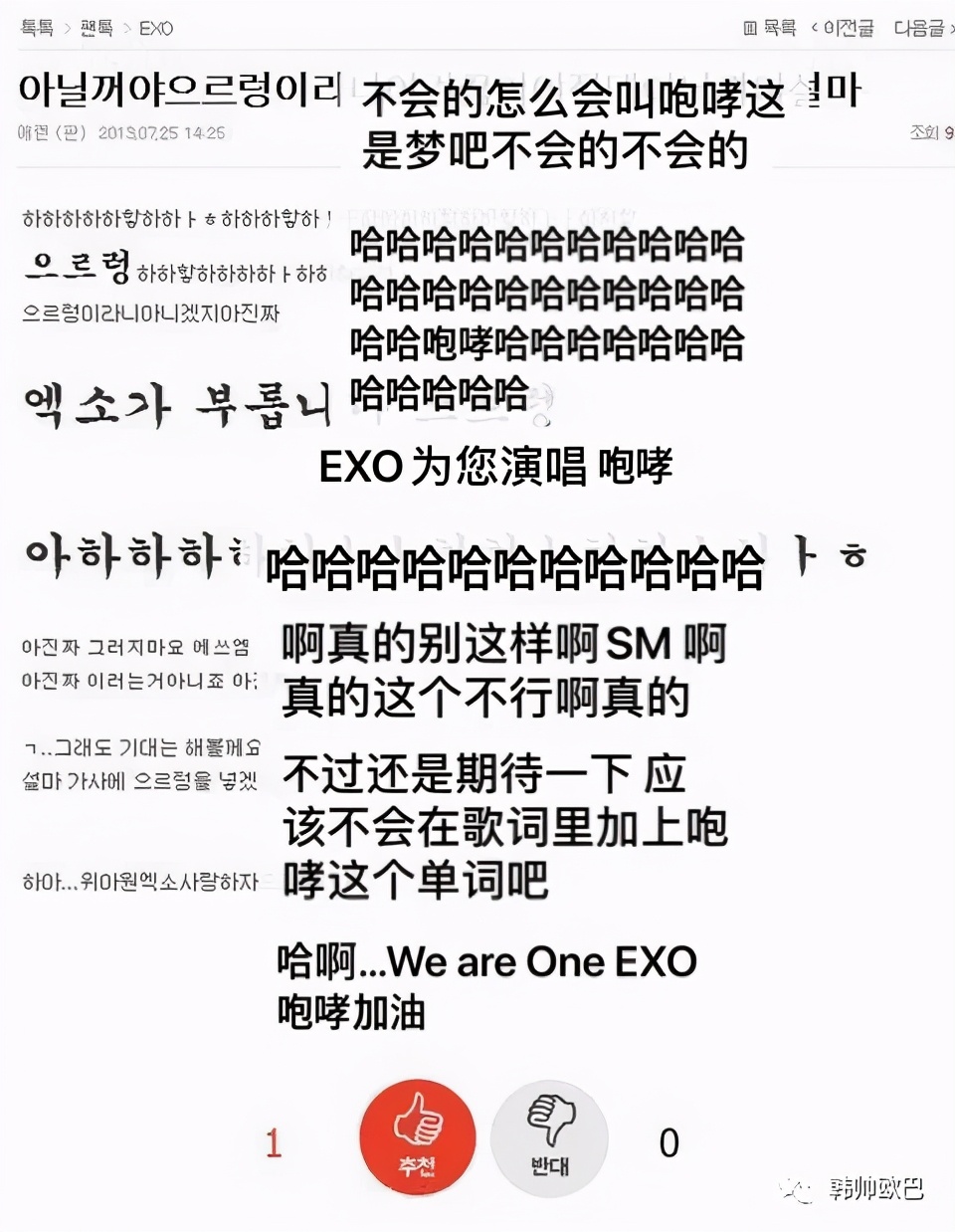 EXO《咆哮》歌名一开始出来时，韩网路人和粉丝在论坛的反应
