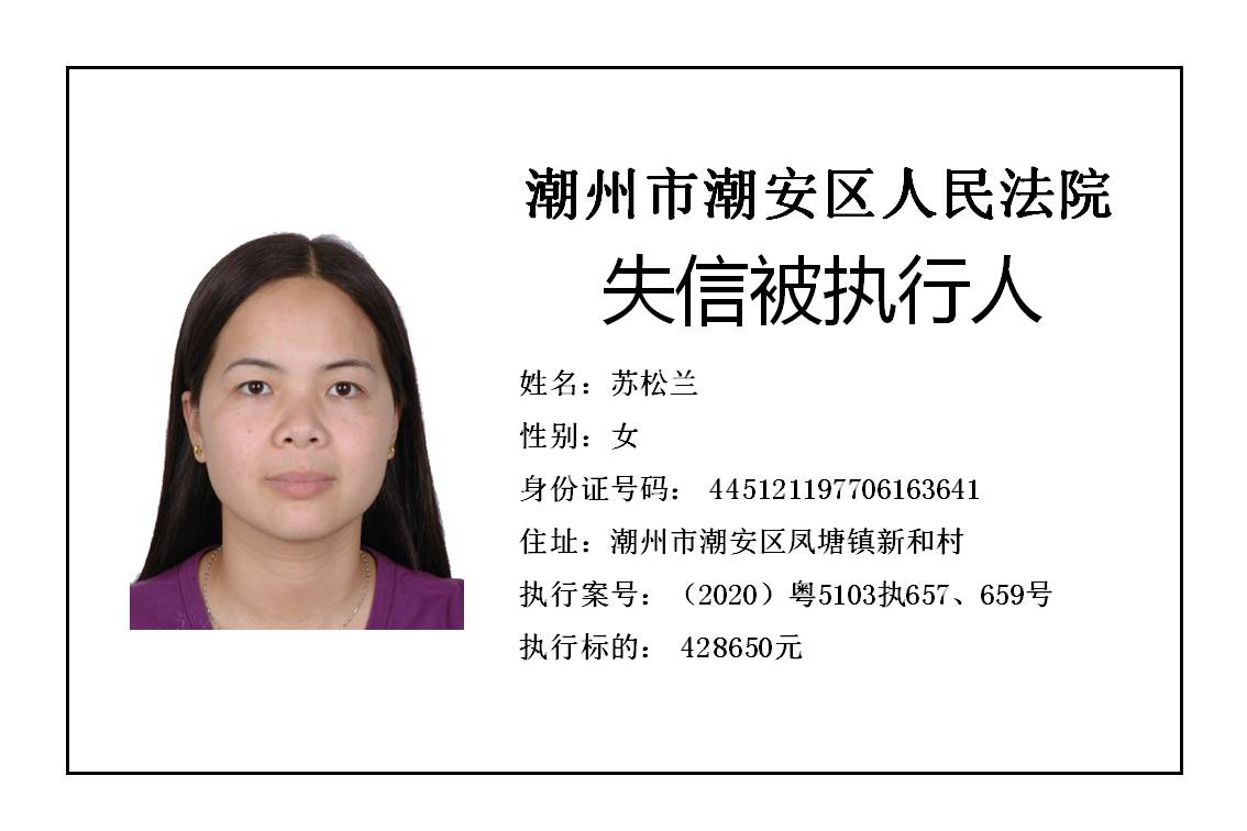 潮州市潮安区人民法院发布2020年第五批失信被执行人公告