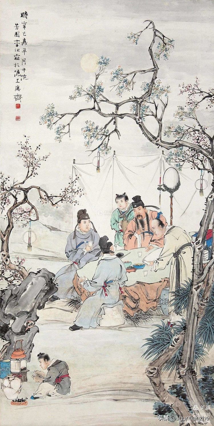 名家山水人物画《夜宴桃李园》欣赏