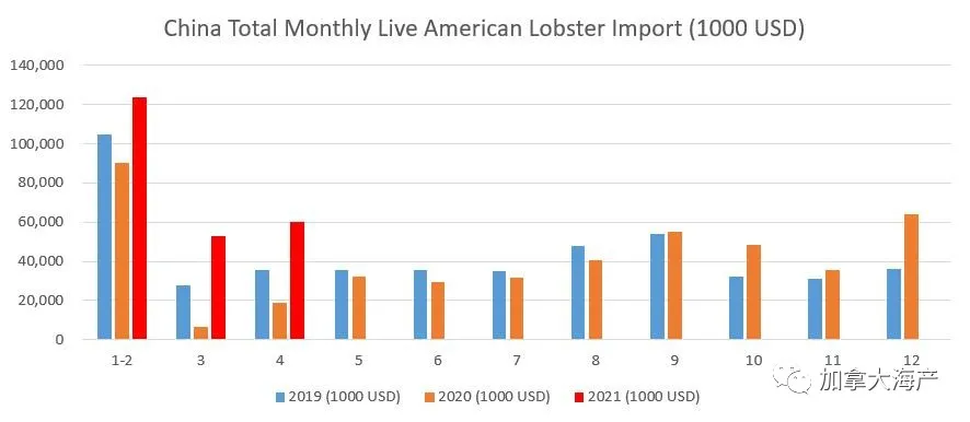 2021年中国美洲鳌龙虾进口再创新高，加拿大龙虾完胜波士顿龙虾