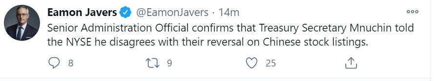 美国财长努钦致电纽交所，反对不摘牌中国电信