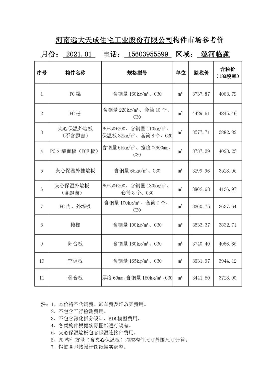 河南省装配式建筑预制构件市场参考价（2021年1月）