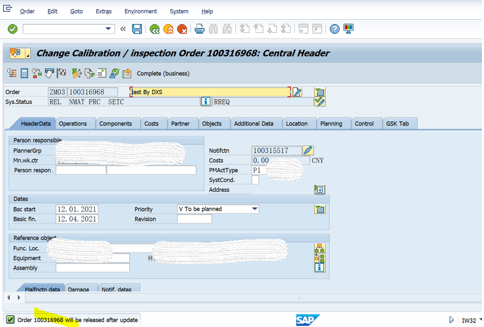 SAP PM 入門系列12 - IW32 下達一個維護訂單