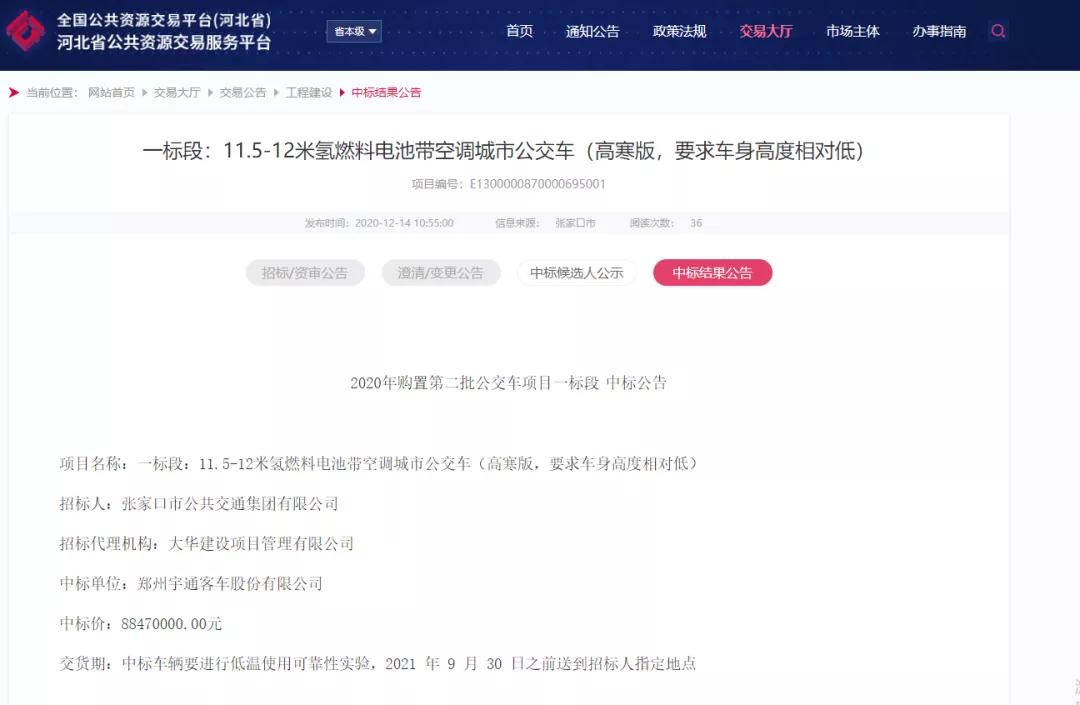 总价4.13亿元，宇通、中通、吉利和北汽中标张家口氢能公交车