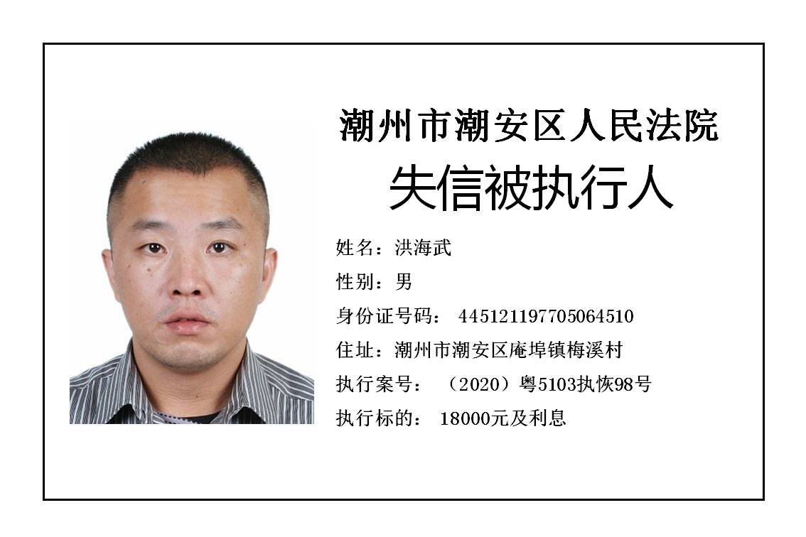 潮州市潮安区人民法院发布2020年第五批失信被执行人公告