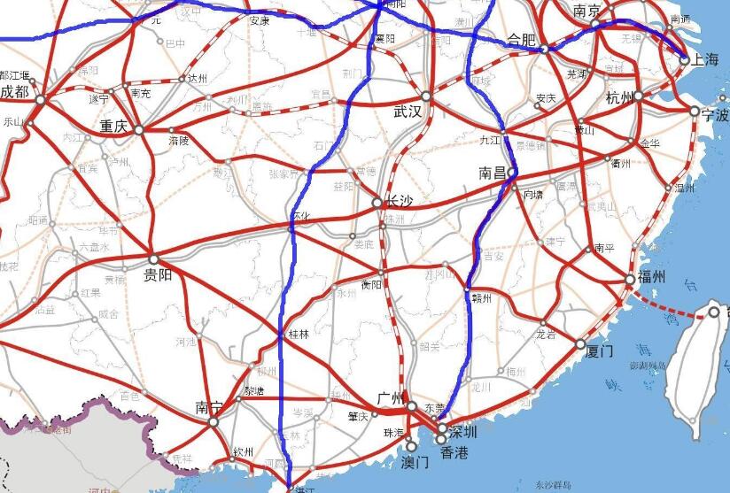 中国高速铁路运营线路图2030年：八横八纵重要节点城市交通圈