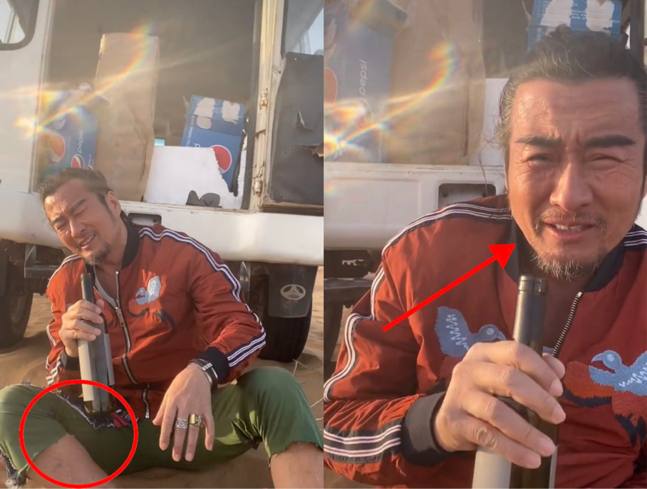 57岁孙兴光脚坐地裤子脱线，脸发红胡子灰，被曝